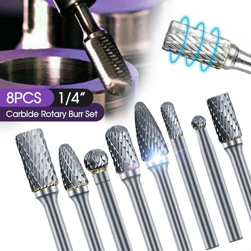 1/4" 6mm Shank Tungsten Carbide Rotary Burr Bur Die Grinder Carving Bits 8Pcs