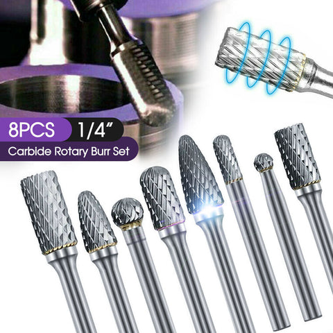 1/4" 6mm Shank Tungsten Carbide Rotary Burr Bur Die Grinder Carving Bits 8Pcs