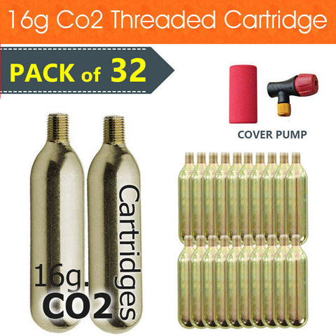 32x Bike Bicycle Tyre Air Inflator 16g Co2 Threaded Cartridge w/ Cover Pump