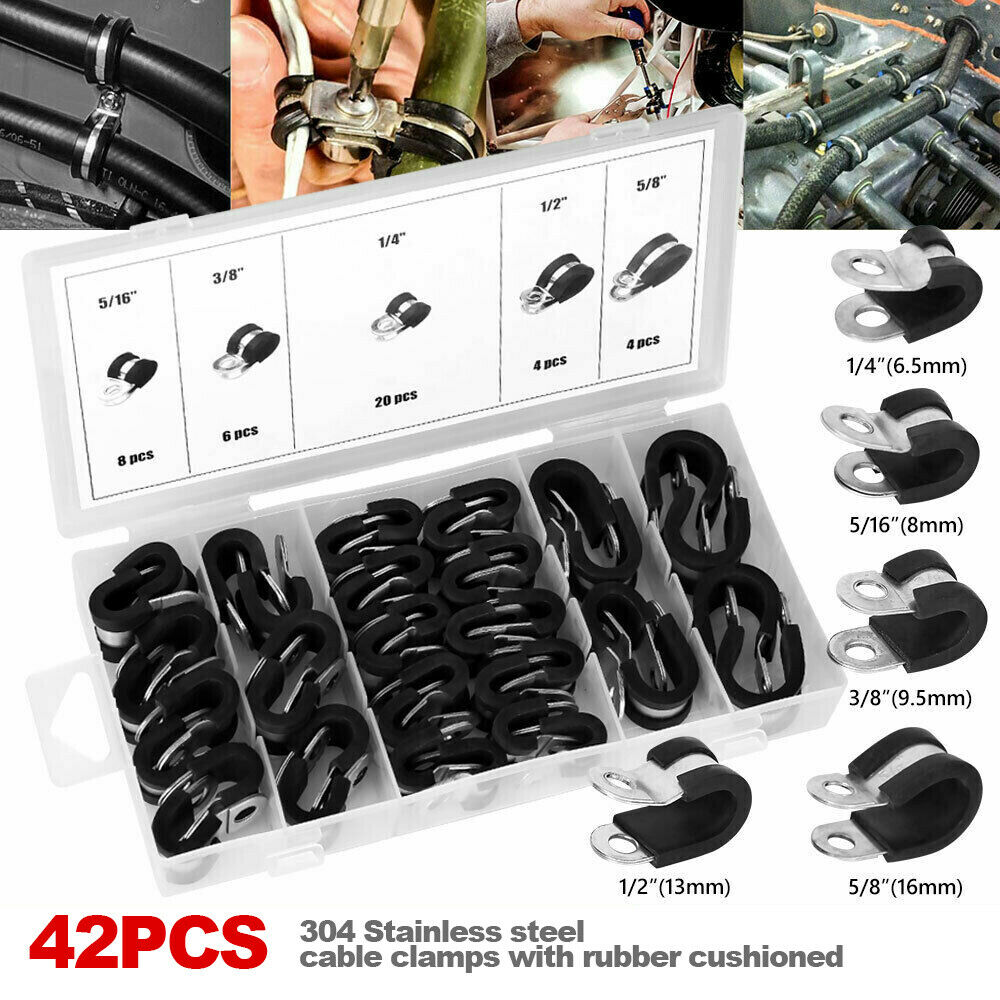 Set 42X EPDM Rubber Lined P Clips Cable Hose Pipe Clamps Holder Air Clip Clamp