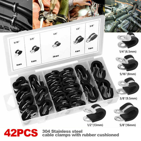 Set 42X EPDM Rubber Lined P Clips Cable Hose Pipe Clamps Holder Air Clip Clamp