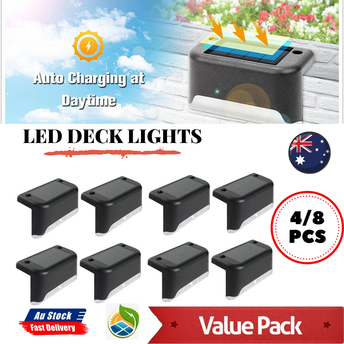 4/8pcs Outdoor Solar LED Deck Lights Garden Pathway Stairs Step Fence Lamps
