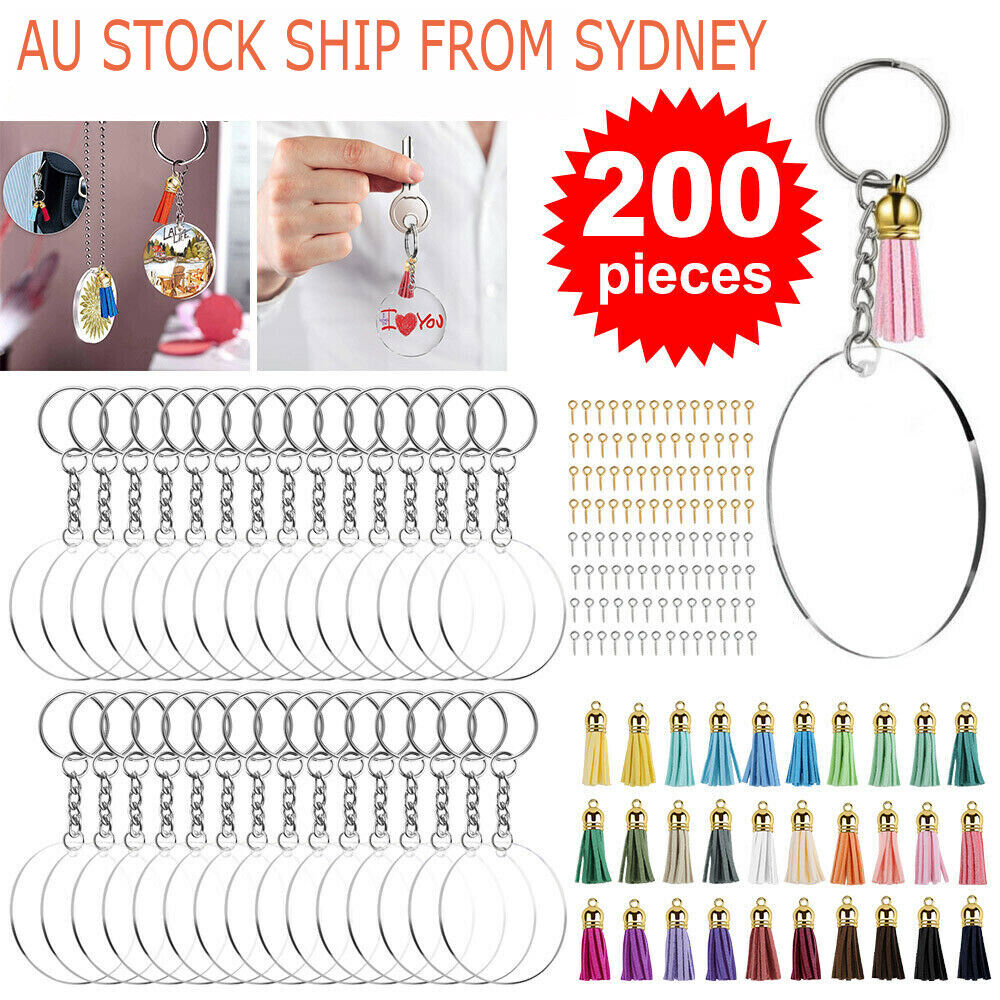 200x Keyring Clear Acrylic Circle Discs Keychain Blanks Tassel Pendants DIY Kit