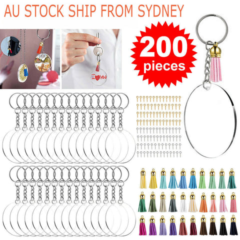 200x Keyring Clear Acrylic Circle Discs Keychain Blanks Tassel Pendants DIY Kit