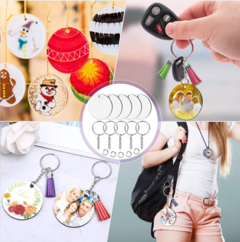 200x Keyring Clear Acrylic Circle Discs Keychain Blanks Tassel Pendants DIY Kit
