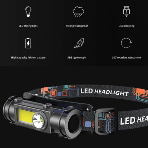 Head Torch LED Headlight COB Camping Headlamp USB Rechargeable Flashlight 4Pcs
