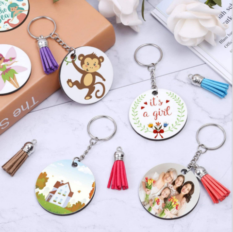 200x Keyring Clear Acrylic Circle Discs Keychain Blanks Tassel Pendants DIY Kit