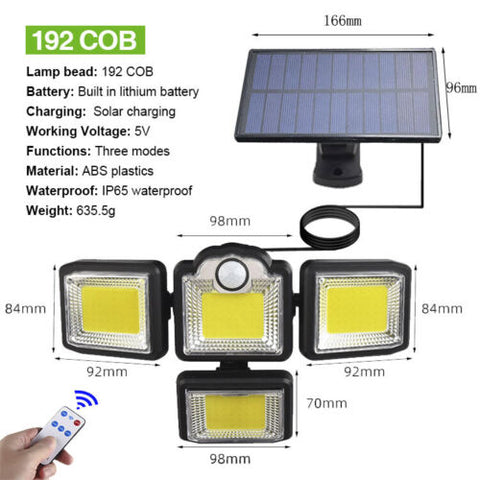 Motion Sensor 4 Head 192 LED Solar Lights Street Light Garden Wall Security Lamp