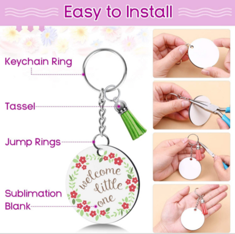 200x Keyring Clear Acrylic Circle Discs Keychain Blanks Tassel Pendants DIY Kit