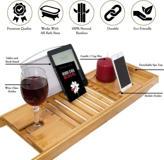 Bamboo Bathtub Caddy Tray  Luxury Spa Organizer with Folding Sides for Tablet, Smartphone, Wine, Book Holders
