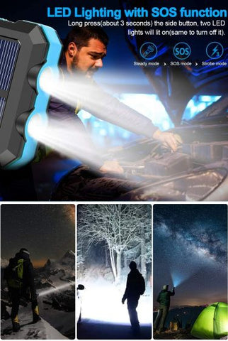 Solar Charger Solar Power Bank 20000mAh Waterproof Portable External Backup Outdoor Cell Phone Battery Charger with Dual LED Flashlights Solar Panel Compatible with All Smartphone (Black & Blue)