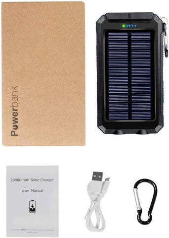 Solar Charger Solar Power Bank 20000mAh Waterproof Portable External Backup Outdoor Cell Phone Battery Charger with Dual LED Flashlights Solar Panel Compatible with All Smartphone (Black & Blue)