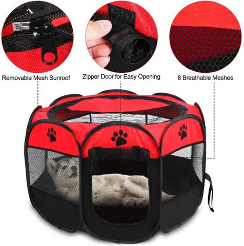 Pet Portable Foldable Playpen, Dog/Cat/Puppy Exercise Pen Kennel, Removable Mesh Shade Cover (Red)