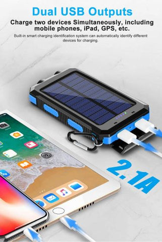 Solar Charger Solar Power Bank 20000mAh Waterproof Portable External Backup Outdoor Cell Phone Battery Charger with Dual LED Flashlights Solar Panel Compatible with All Smartphone (Black & Blue)