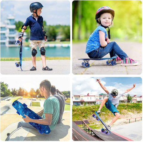 Mini Cruiser Skateboard, 56 cm, Plastic Complete Board, Retro Skateboard with ABEC-7 Ball Bearings and LED Light Wheels, Skateboard Kickboard for Children, Beginners, Teenagers