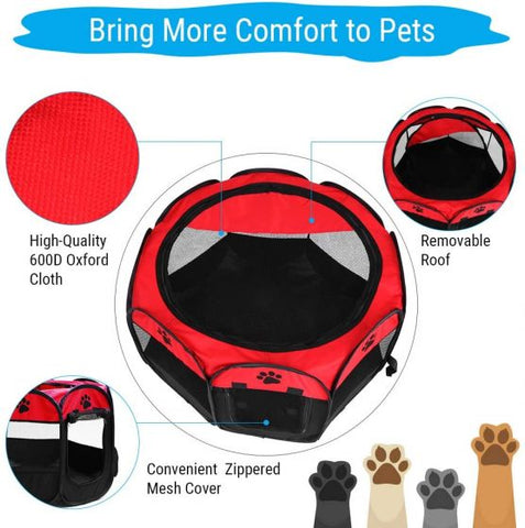 Pet Portable Foldable Playpen, Dog/Cat/Puppy Exercise Pen Kennel, Removable Mesh Shade Cover (Red)