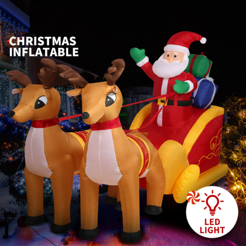 Christmas Inflatable Santa Claus on Sleigh with Two Reindeer & Gift Box Airblown Yard Decorations - LED Lights Blow Up Inflatables Decoration for Christmas Outdoor Yard Garden Home Family