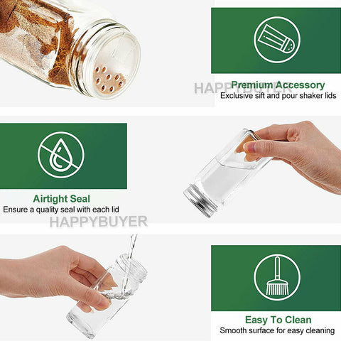 12x Clear Square Glass Jars Lid Spice Herb Seasoning Condiment Storage Container