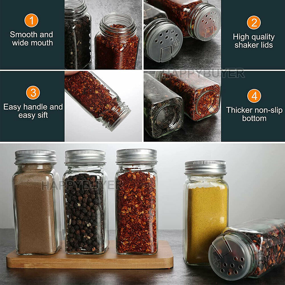 12x Clear Square Glass Jars Lid Spice Herb Seasoning Condiment Storage Container
