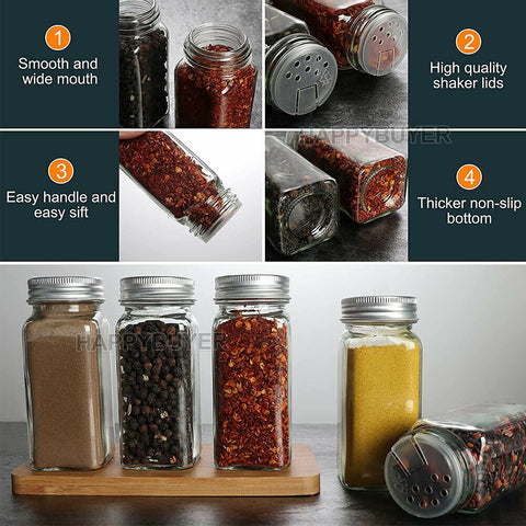 12x Clear Square Glass Jars Lid Spice Herb Seasoning Condiment Storage Container