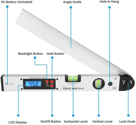 Digital Angle Finder with Pouch 400mm/16 inch Angle Ruler with Spirit Levels Backlit LCD Tool for Roofing Engineering